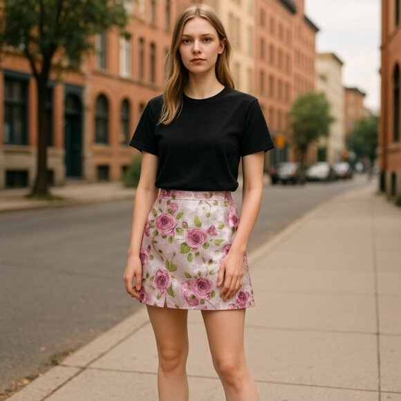 Treasure The Funk ✦ Pink Rose Mini Skirt ✦ Sparkly Bodycon High Waist Metallic M - Picture 13 of 13